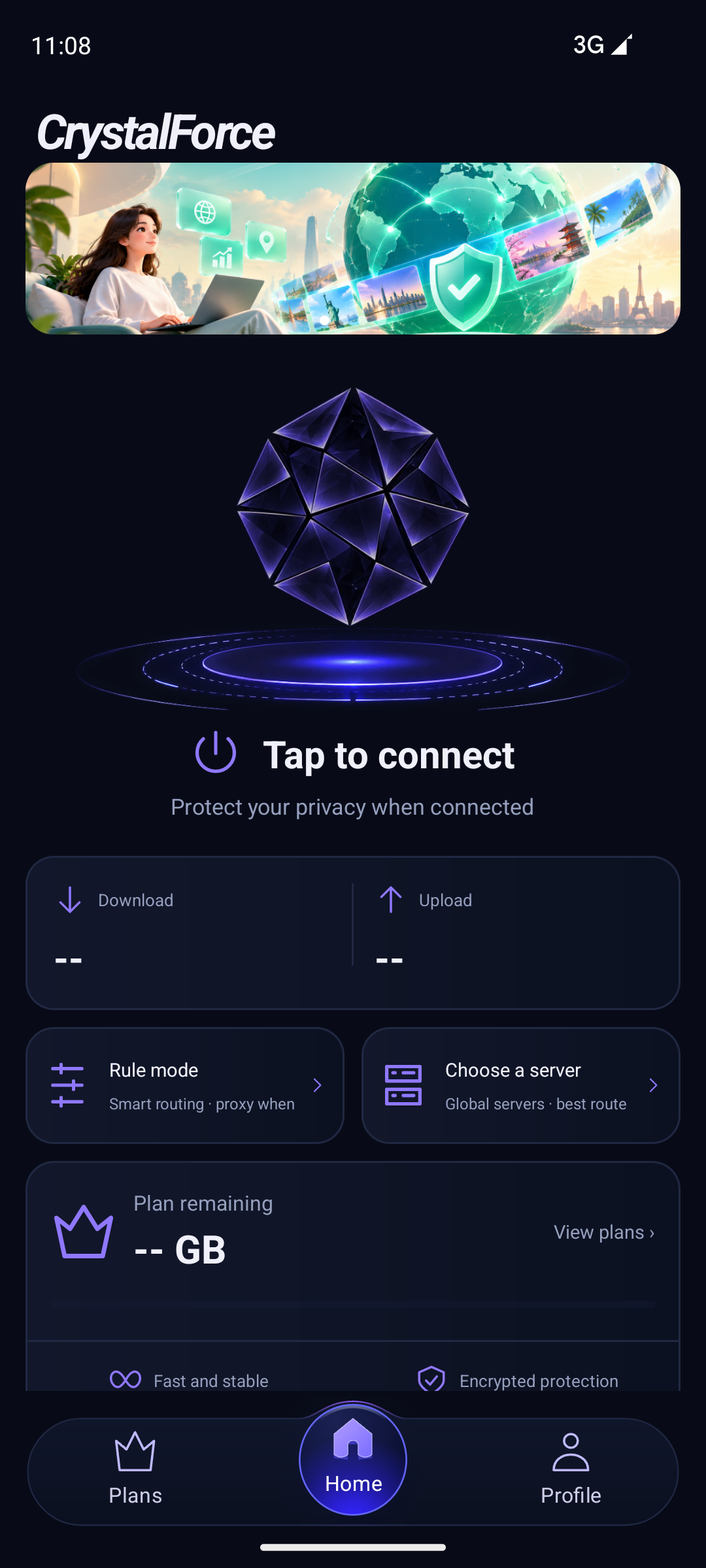 CrystalForce App 当前首页，显示水晶连接入口、线路选择和规则模式